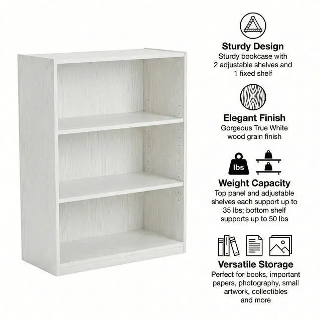 Alt view image 4 of 7 - 3 Tier Bookcase,Open Book Shelf with Adjustable Shelves, Bookshelf for Home Office, Living Room, Bed Room (White)