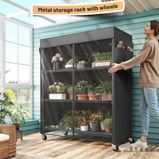 Alt view image 2 of 7 - 4-Tier Storage Shelves Wire Shelving Unit with Cover & Wheels, Heavy Duty Metal Shelving for Dorm Storage Shelves, Garage Storage Rack Commercial Shelf, Pantry, Kitchen, 36" W*14.3" D*56.5" H
