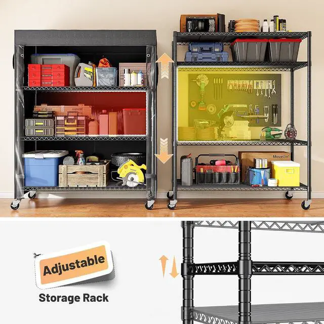 Alt view image 6 of 7 - 4-Tier Storage Shelves Wire Shelving Unit with Cover & Wheels, Heavy Duty Metal Shelving for Dorm Storage Shelves, Garage Storage Rack Commercial Shelf, Pantry, Kitchen, 36" W*14.3" D*56.5" H