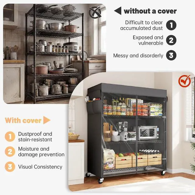 Alt view image 3 of 7 - 4-Tier Storage Shelves Wire Shelving Unit with Cover & Wheels, Heavy Duty Metal Shelving for Dorm Storage Shelves, Garage Storage Rack Commercial Shelf, Pantry, Kitchen, 36" W*14.3" D*56.5" H