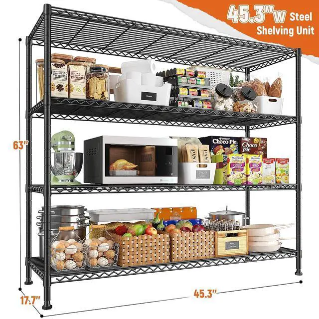 Alt view image 3 of 7 - Storage Shelves 45.3''W Wire Shelving Unit 4 Tier Metal Shelves for Storage Rack Metal Shelving for Pantry Shelves Kitchen Steel Shelving, 45.3''W*63''H*17.7" D