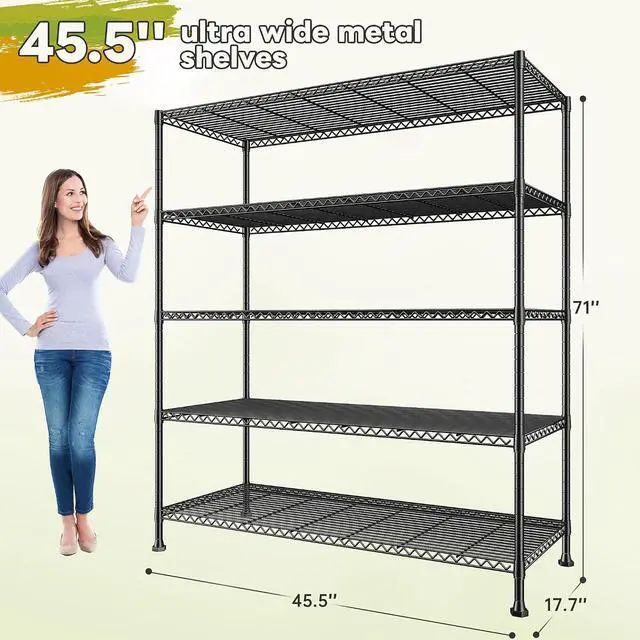 Alt view image 3 of 7 - 45.5''W Storage Shelves Wire Shelving, 5 Tier Pantry Shelves for Storage Rack, Adjustable Metal Shelving for Pantry Kitchen Steel Shelving, 45.5" W x 71" H x 17.7" D, 2 Pack