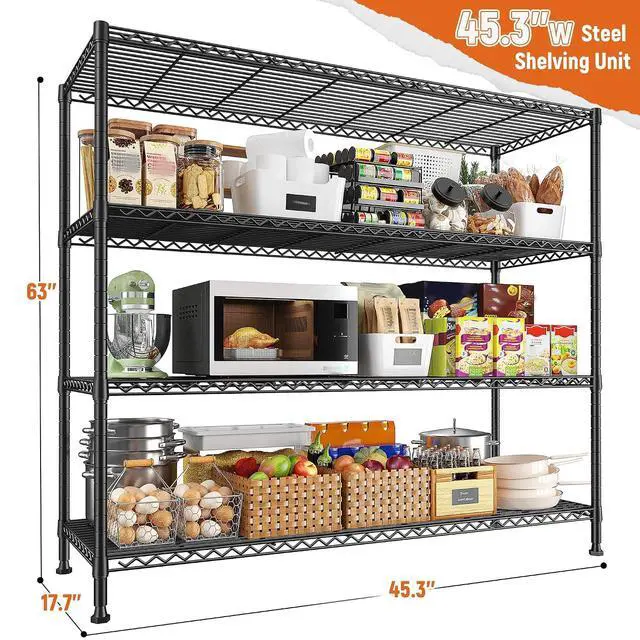 Alt view image 3 of 7 - Storage Shelves 45.3''W Wire Shelving Unit 4 Tier Metal Shelves for Storage Rack Metal Shelving for Pantry Shelves Kitchen Steel Shelving, 45.3''W*63''H*17.7" D, 2 Pack