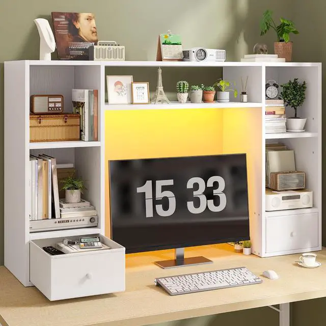 Main image of 47.2" Desktop Bookshelf, 6 Shelves and 2 Drawers, LED Lights, Whtie | 12mm MDF with Scratch-resistant, Up to 27" -monitor, Adjustable Shelves