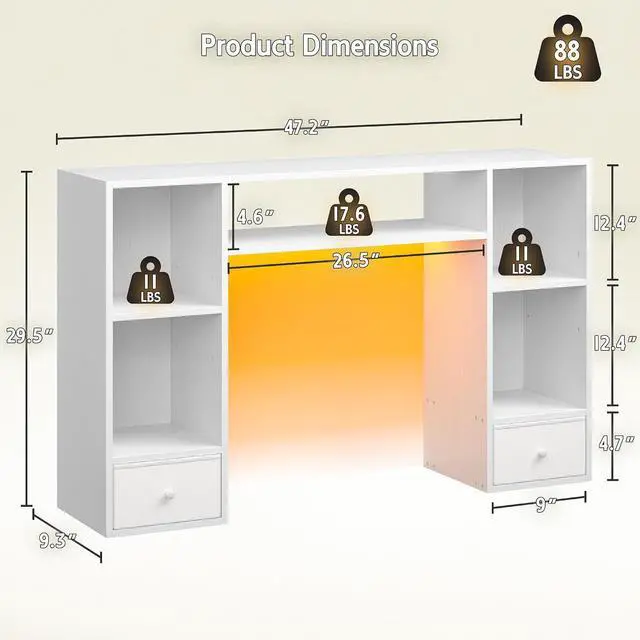 Alt view image 2 of 7 - 47.2" Desktop Bookshelf, 6 Shelves and 2 Drawers, LED Lights, Whtie | 12mm MDF with Scratch-resistant, Up to 27" -monitor, Adjustable Shelves