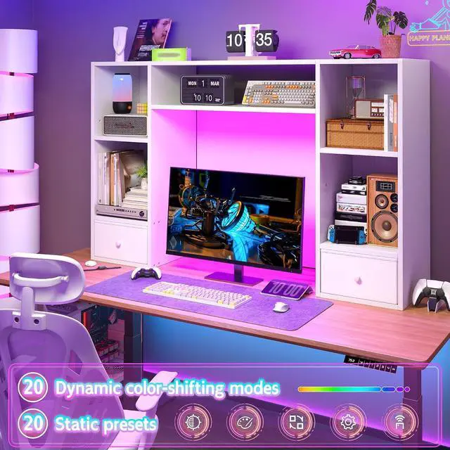 Alt view image 3 of 7 - 47.2" Desktop Bookshelf, 6 Shelves and 2 Drawers, LED Lights, Whtie | 12mm MDF with Scratch-resistant, Up to 27" -monitor, Adjustable Shelves