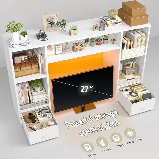 Alt view image 4 of 7 - 47.2" Desktop Bookshelf, 6 Shelves and 2 Drawers, LED Lights, Whtie | 12mm MDF with Scratch-resistant, Up to 27" -monitor, Adjustable Shelves