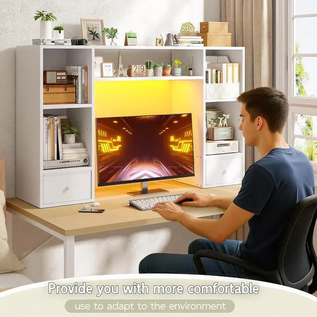 Alt view image 7 of 7 - 47.2" Desktop Bookshelf, 6 Shelves and 2 Drawers, LED Lights, Whtie | 12mm MDF with Scratch-resistant, Up to 27" -monitor, Adjustable Shelves
