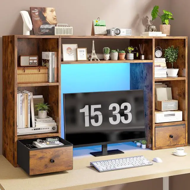 Main image of Desktop Bookshelf with LED Lights,47.2" Desktop Organizer with 6 Shelves and 2 Drawers for Top of Desk,Multipurpose Desk Hutch Dorm with Adjustable Shelves for Home and Office,Rustic Brown