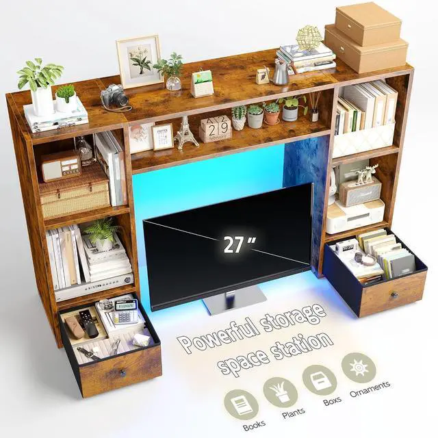 Alt view image 4 of 7 - Desktop Bookshelf with LED Lights,47.2" Desktop Organizer with 6 Shelves and 2 Drawers for Top of Desk,Multipurpose Desk Hutch Dorm with Adjustable Shelves for Home and Office,Rustic Brown