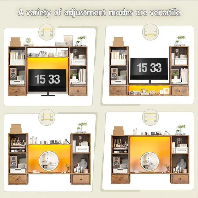 Alt view image 6 of 7 - Desktop Bookshelf with LED Lights,47.2" Desktop Organizer with 6 Shelves and 2 Drawers for Top of Desk,Multipurpose Desk Hutch Dorm with Adjustable Shelves for Home and Office,Rustic Brown