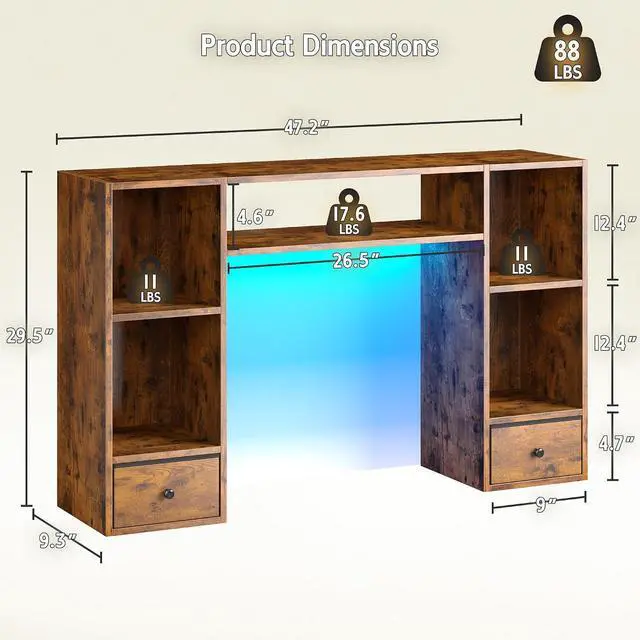 Alt view image 2 of 7 - Desktop Bookshelf with LED Lights,47.2" Desktop Organizer with 6 Shelves and 2 Drawers for Top of Desk,Multipurpose Desk Hutch Dorm with Adjustable Shelves for Home and Office,Rustic Brown