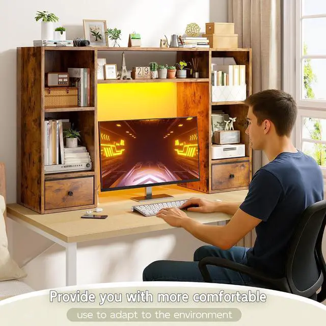 Alt view image 7 of 7 - Desktop Bookshelf with LED Lights,47.2" Desktop Organizer with 6 Shelves and 2 Drawers for Top of Desk,Multipurpose Desk Hutch Dorm with Adjustable Shelves for Home and Office,Rustic Brown