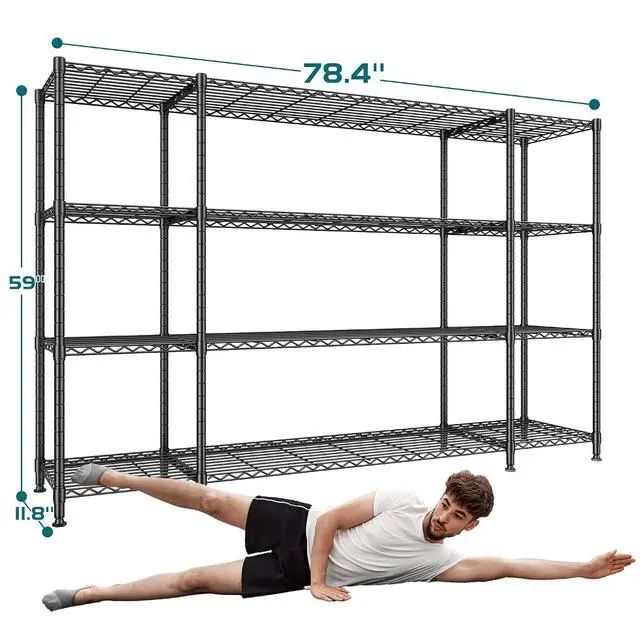 Alt view image 3 of 7 - 78.4" W Storage Shelves Load 1500LBS, Metal Shelving 4-Tier Wire Shelving Unit Garage Shelving for Storage, Metal Shelves for Pantry Commercial Kitchen Garage, 11.8''D x 59''H,2P