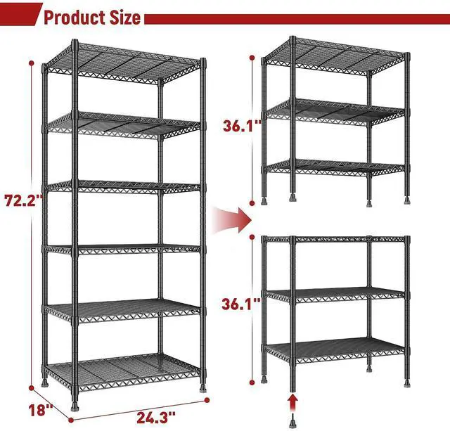 Alt view image 3 of 7 - 6-Storage Shelves Metal Shelving Units and Storage Shelves, 72.2H Wire Shelving Garage Adjustable, Garage Storage Save Space, Heavy Duty Shelving for Pantry Kitchen, 24.3W X18D X72.2H