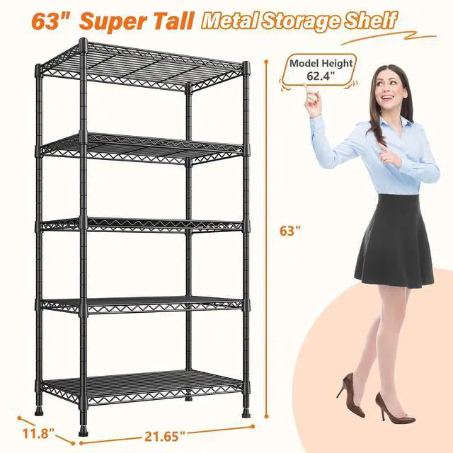 Alt view image 3 of 7 - Metal Shelving 5 Tier Wire Sturdy Storage Shelves Adjustable Steel Organizer Wire Rack for Kitchen Laundry Room Commercial School Storage Room Black 63Hx 21.65L x 11.8D