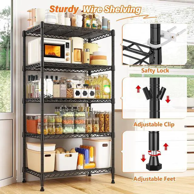 Alt view image 4 of 7 - Metal Shelving 5 Tier Wire Sturdy Storage Shelves Adjustable Steel Organizer Wire Rack for Kitchen Laundry Room Commercial School Storage Room Black 63Hx 21.65L x 11.8D