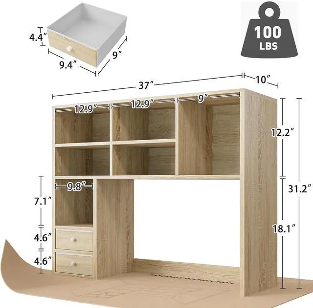 Alt view image 2 of 7 - Desktop Bookshelf, High-Capacity Desk Hutch Organizer with 7 Shelves and 2 Drawers, Adjustable Bookshelf Storage, Desk Shelf for Top of Desk, Desk Hutch Dorm, Natural