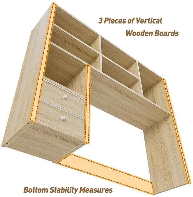 Alt view image 7 of 7 - Desktop Bookshelf, High-Capacity Desk Hutch Organizer with 7 Shelves and 2 Drawers, Adjustable Bookshelf Storage, Desk Shelf for Top of Desk, Desk Hutch Dorm, Natural