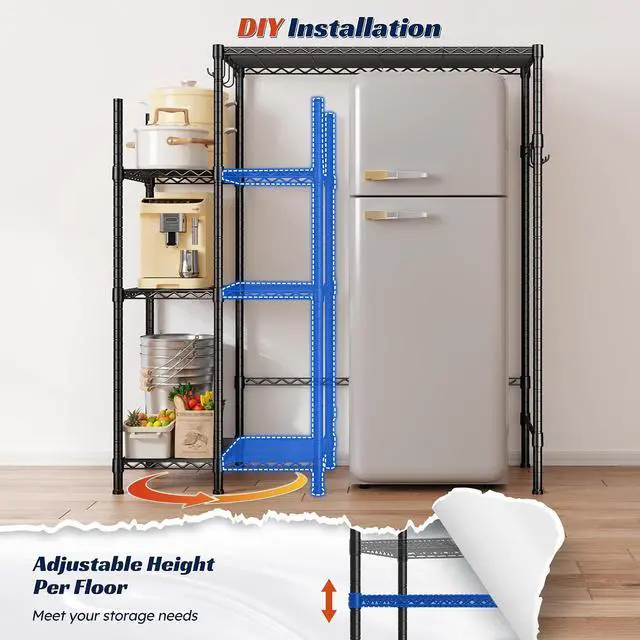 Alt view image 4 of 7 - Mini Fridge Cabinet with Storage Shelves,4 Tier Mini Fridge Stand with Small Refrigerator Insert Storage Space, Adjustable Utility Storage Shelf with for Dorm Kitchen, 38.1" Wx18.11 Dx52.36 H