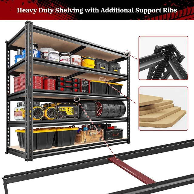 Alt view image 7 of 7 - 5 Tier Storage Shelves,72'' H Heavy Duty Garage Shelving,Adjustable Metal Shelving,Pantry Shelf for Spaces Basement,Warehouse,Closet,Storage Room,Library Or Offices72 H x 40" W x 20" D,2500LBS