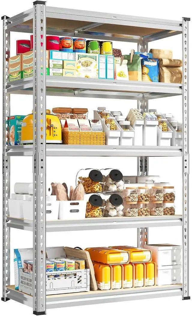 Main image of Storage Shelves, 5 Tier Metal Garage Shelving, Adjustable Waterproof Storage Rack for Kitchen Storage, Basement, Garage, Pantry, Closet, Galvanized, 12"D x 28"W x 59.8"H2020 lbs Total Capacity
