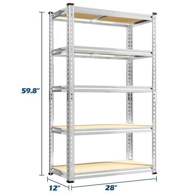 Alt view image 3 of 7 - Storage Shelves, 5 Tier Metal Garage Shelving, Adjustable Waterproof Storage Rack for Kitchen Storage, Basement, Garage, Pantry, Closet, Galvanized, 12"D x 28"W x 59.8"H2020 lbs Total Capacity