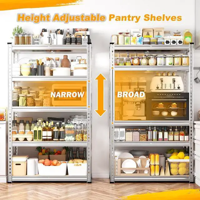 Alt view image 6 of 7 - Storage Shelves, 5 Tier Metal Garage Shelving, Adjustable Waterproof Storage Rack for Kitchen Storage, Basement, Garage, Pantry, Closet, Galvanized, 12"D x 28"W x 59.8"H2020 lbs Total Capacity