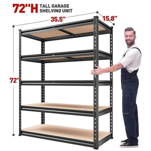 Alt view image 3 of 7 - 2000LBS Garage Shelving Heavy Duty 72''H Storage Shelves 5 Tier Heavy Duty Shelving, Adjustable Metal Shelves for Garage Pantry Closet Kitchen Basement 35.5" W x72 H x 15.8" D, 2 Pack