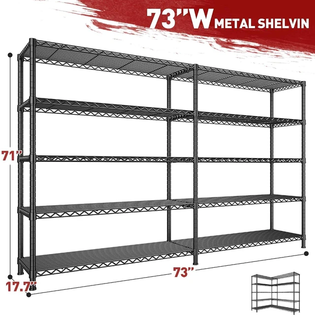 Alt view image 3 of 7 - 73''W Shelf 1650 LBS Storage Shelves 5-Tier Metal Shelving Wire Shelving Unit, Adjustable Heavy Duty Metal Shelves Wire Shelf for Pantry Kitchen Industrial Commercial,17.7" D x 73" W x 71" H