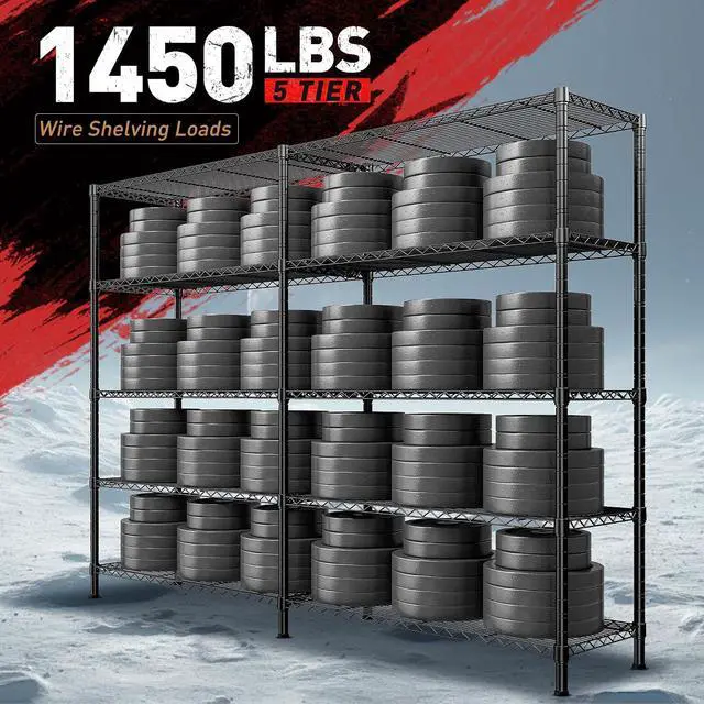 Alt view image 4 of 7 - 1450LBS Shelves 5 Tier Metal Shelving Unit Storage Wire Shelving 58.1''W Pantry Shelves Wire Shelf Adjustable Garage Shelving Heavy Duty Storage Rack for Pantry Kitchen Garage, Black