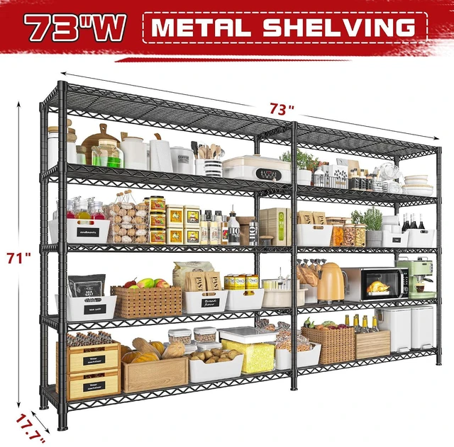 Alt view image 3 of 7 - 73''W Storage Shelves Load 1650 LBS Metal Shelving 5-Tier Adjustable Heavy Duty Metal Shelves Wire Shelving Unit for Wire Shelf for Industrial Garage Pantry Kitchen,17.7"D x 73"W x 71"H, 2PCS