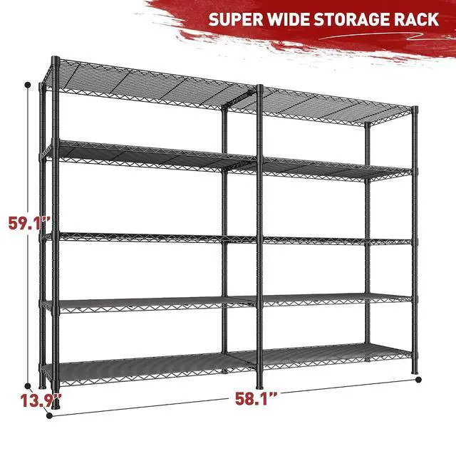 Alt view image 3 of 7 - 1450LBS Shelves 5 Tier Metal Shelving Unit Storage Wire Shelving 58.1''W Pantry Shelves Wire Shelf Adjustable Garage Shelving Heavy Duty Storage Rack for Pantry Kitchen Garage, Black
