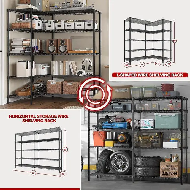 Alt view image 6 of 7 - 1450LBS Shelves 5 Tier Metal Shelving Unit Storage Wire Shelving 58.1''W Pantry Shelves Wire Shelf Adjustable Garage Shelving Heavy Duty Storage Rack for Pantry Kitchen Garage, Black
