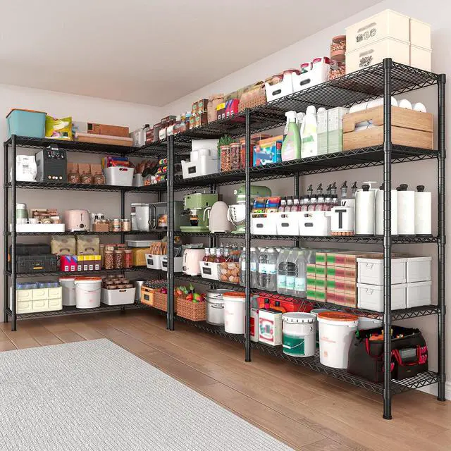 Alt view image 4 of 7 - REIBII1450LBS Metal Shelving Unit Storage Shelves 5 Tier Wire Shelving 58.1''W Pantry Shelves Wire Shelf Adjustable Garage Shelving Heavy Duty Storage Rack for Pantry Kitchen Garage, Black2 Pack