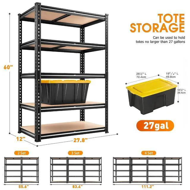 Alt view image 2 of 7 - 2000LBS Storage Shelves Heavy Duty,5-Tier Metal Shelving Unit for Pantry Garage Laundry Room,Adjustable Utility Storage Rack with Steel Frame & Thick MDF Boards,27.8"W x 12"D x 60"H, Black,4 Pack