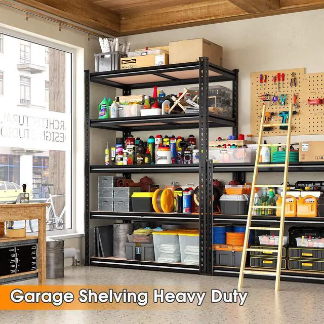 Alt view image 3 of 7 - 2000LBS Storage Shelves Heavy Duty,5-Tier Metal Shelving Unit for Pantry Garage Laundry Room,Adjustable Utility Storage Rack with Steel Frame & Thick MDF Boards,27.8"W x 12"D x 60"H, Black,2 Pack