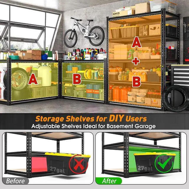 Alt view image 7 of 7 - 2000LBS Storage Shelves Heavy Duty,5-Tier Metal Shelving Unit for Pantry Garage Laundry Room,Adjustable Utility Storage Rack with Steel Frame & Thick MDF Boards,27.8"W x 12"D x 60"H, Black,2 Pack