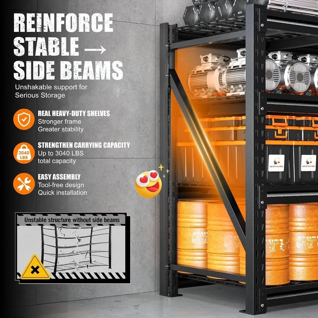 Alt view image 5 of 6 - 3040LBS Heavy Duty Garage Shelving, 51.6"W Large Metal Storage Shelves with Steel Industrial Structure, Adjustable Storage Rack for Warehouse, Basement, Rust/Water Resistant, 17.8"D x 72"H, 2PC