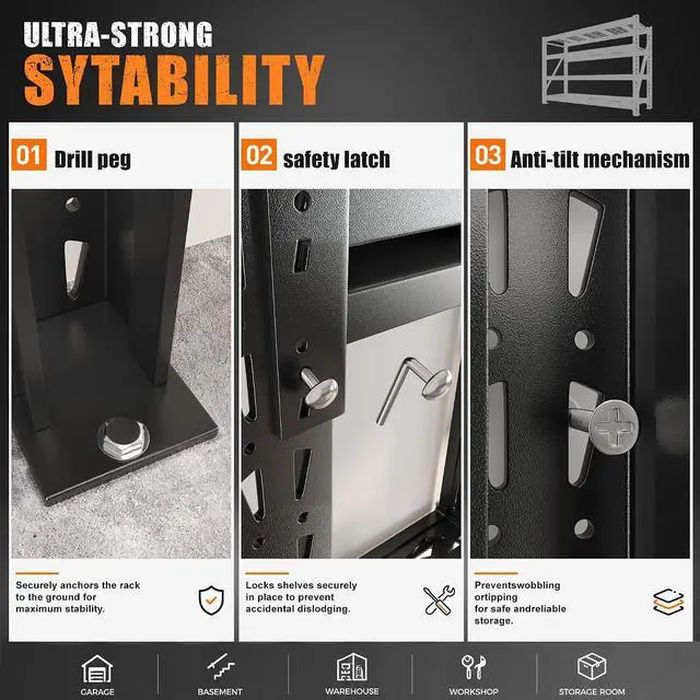 Alt view image 5 of 7 - 5020LBS Heavy Duty Garage Shelving, 60.2" W Large Metal Storage Shelves with Steel Industrial Structure, Adjustable Storage Rack for Warehouse, Basement, Rust/Water Resistant, 18.1" D x 72" H