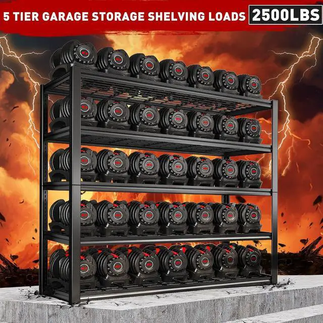 Alt view image 4 of 7 - 48" W Garage Shelving Load 2500LBS, 5 Tier Storage Shelves, Adjustable Garage Storage Shelves, Heavy Duty Shelving for Warehouse, Pantry, Basement, Commercial, 48" W X 72" H X18 D