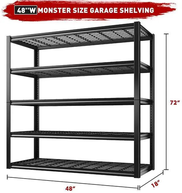 Alt view image 2 of 7 - 48" W Garage Shelving Load 2500LBS, 5 Tier Storage Shelves, Adjustable Garage Storage Shelves, Heavy Duty Shelving for Warehouse, Pantry, Basement, Commercial, 48" W X 72" H X18 D