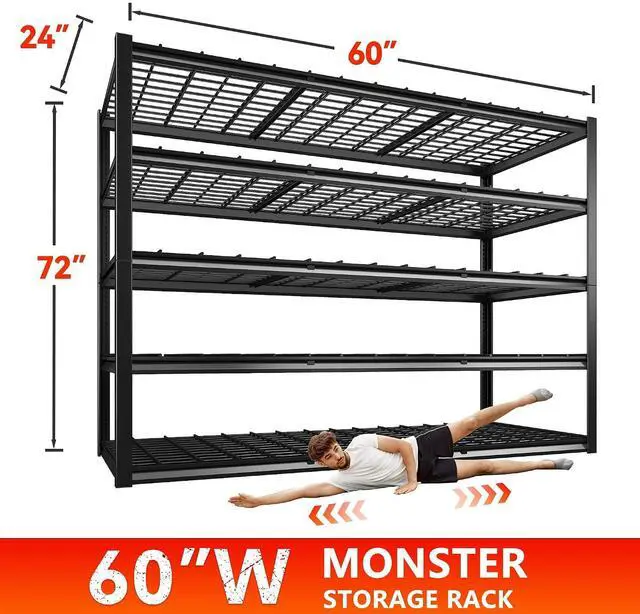 Alt view image 2 of 7 - 60" W Heavy Duty Garage Shelving,3000LBS Storage Shelves Metal Shelving,Adjustable Shelves for ndustrial 5 Tier Garage Shelves for Shop Commercial Warehouse Basement Pantry60 W x 24" D x 72" H
