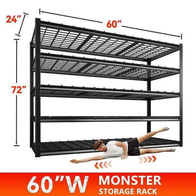 Alt view image 3 of 7 - 60" W Garage Shelving Heavy Duty Metal Shelving 3000LBS Storage Shelves Adjustable Metal Shelves for Industrial 5 Tier Garage Shelves for Basement Pantry Warehouse 60" W x 24" D x 72" H 2 Pack