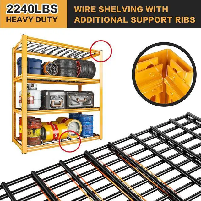 Alt view image 4 of 7 - 40" W Yellow Garage Shelving with Double-Layer Frames for Homeowners | Load 2200Lbs, Adjustable, 10-Minute Easy Assembly, Wire Mesh Panels, for Garage Basement Warehouse Pantry, 40"W×19.5"D×59.5"H