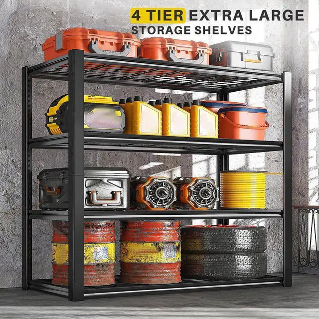 Alt view image 3 of 7 - 40" W Storage Shelves with Wire Mesh Panels for Garage Organization | 560Lbs/tier, 40" W x 19.5" D x 59.5" H, Adjustable, 4-Tier, Double-Layer Frame, Rustproof Finish, for Basement Warehouse Shed