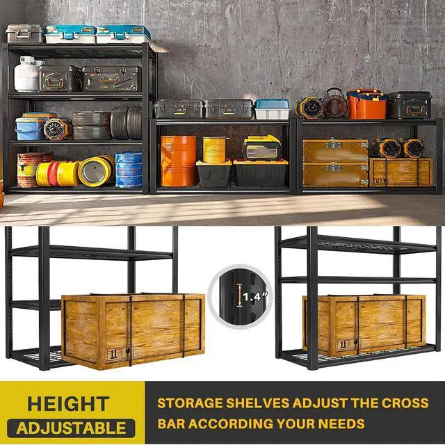 Alt view image 6 of 7 - 40" W Storage Shelves with Wire Mesh Panels for Garage Organization | 560Lbs/tier, 40" W x 19.5" D x 59.5" H, Adjustable, 4-Tier, Double-Layer Frame, Rustproof Finish, for Basement Warehouse Shed