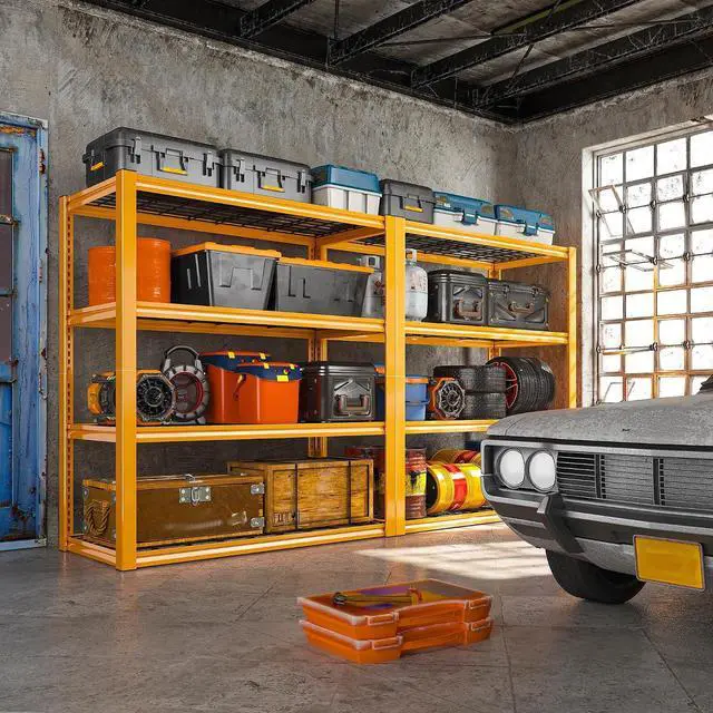 Alt view image 2 of 7 - 40" W Yellow Garage Shelving with Double-Layer Frames for Homeowners | Load 2200Lbs, Adjustable, 10-Minute Easy Assembly, Wire Mesh Panels, for Garage Basement Warehouse Pantry, 40"W×19.5"D×59.5"H
