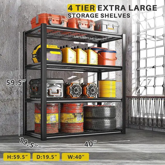 Alt view image 3 of 7 - 40" W Storage Shelves with Wire Mesh Panels for Garage Organization | 560Lbs/tier, 40" W x 19.5" D x 59.5" H, Adjustable, 4-Tier, Double-Layer Frame, Rustproof Finish, for Basement Warehouse, 4Pc