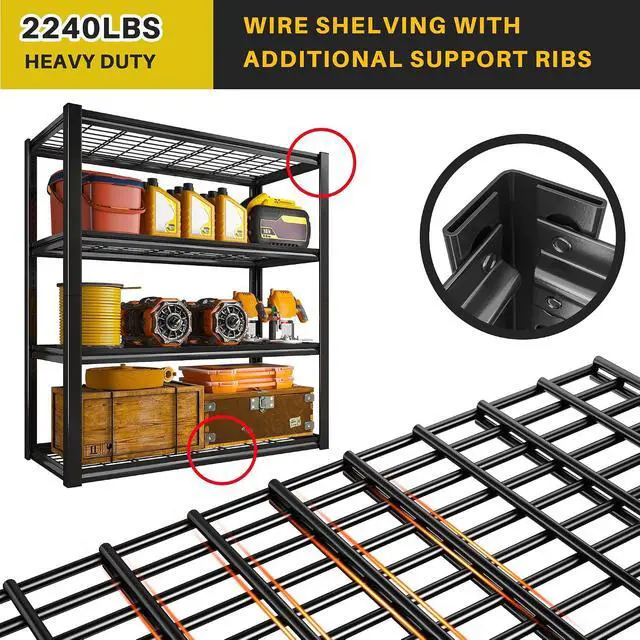 Alt view image 6 of 7 - 40" W Storage Shelves with Wire Mesh Panels for Garage Organization | 560Lbs/tier, 40" W x 19.5" D x 59.5" H, Adjustable, 4-Tier, Double-Layer Frame, Rustproof Finish, for Basement Warehouse, 4Pc